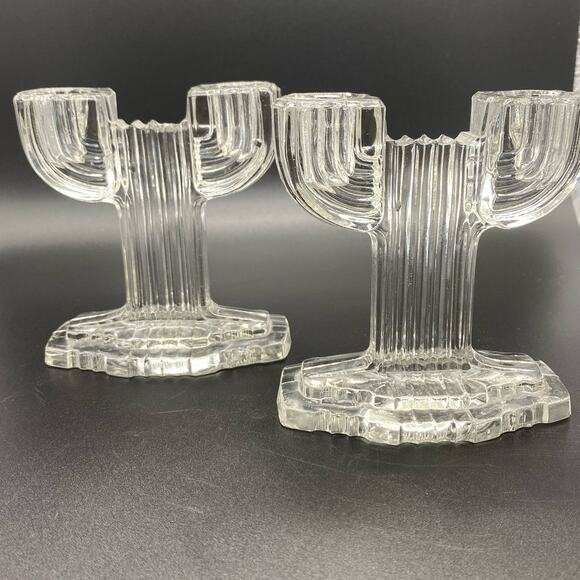 Art Deco Anchor‎ Hocking Queen Mary pair Depression glass candlestick holders - Picture 1 of 5